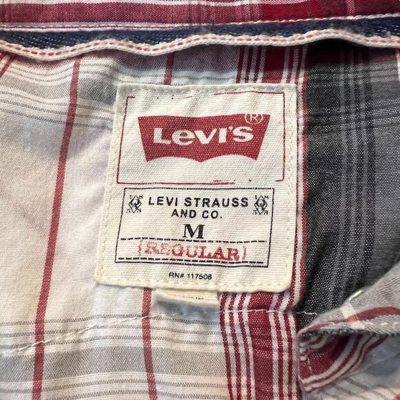 Levi’s Western Snap Shirt Men’s M Plaid Red Gray Long Sleeve Pearl Snap Cowboy - Picture 4 of 8